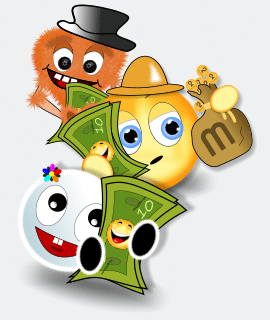Bild zeigt 3 MaxSmilies mit Geldbndel und Geldscken in der Hand