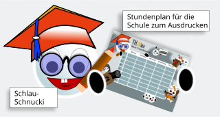 Bild mit Schulschnucki und Stundenplan zum selbst ausdrucken für die Schule